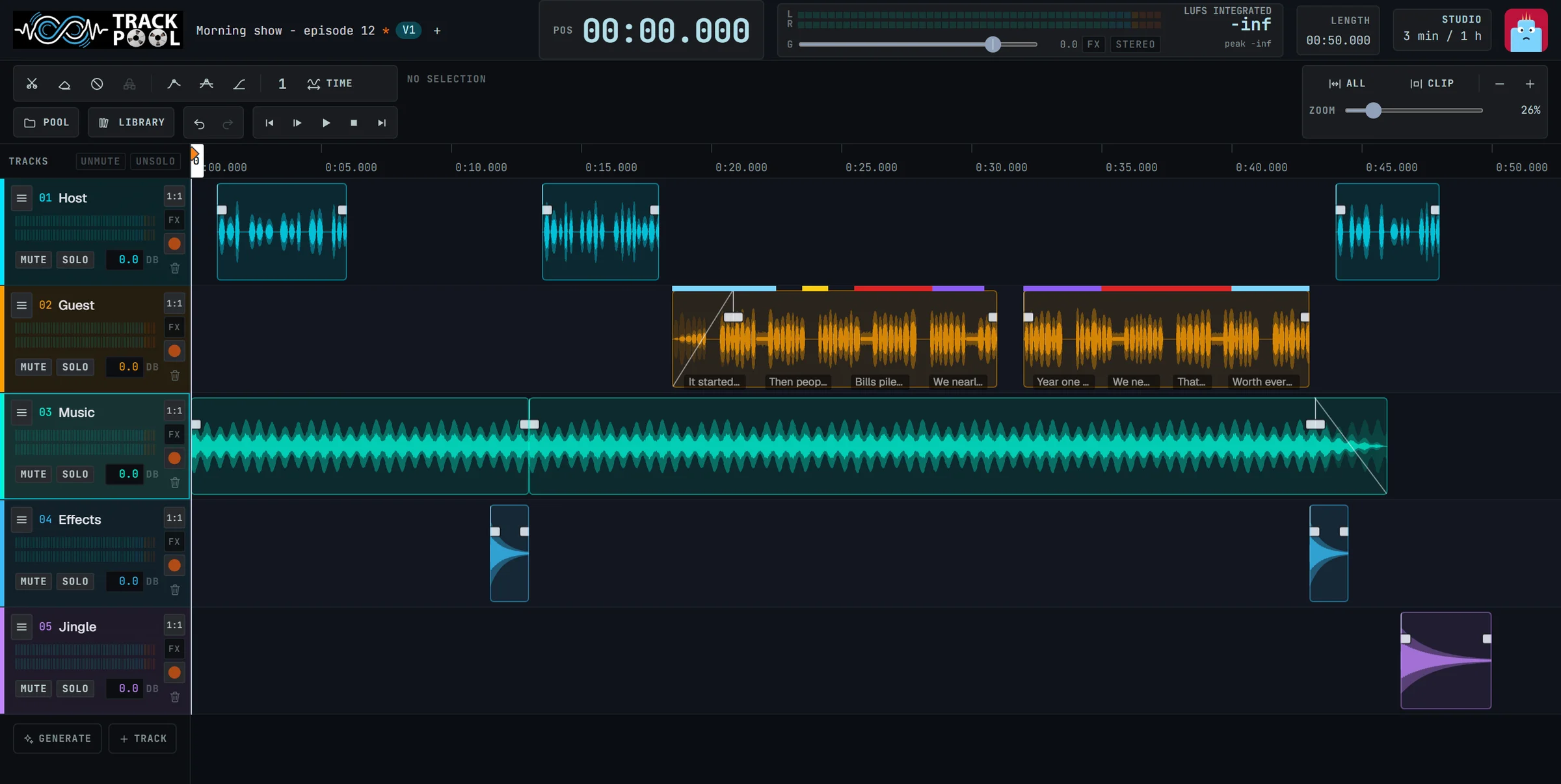 Track-Pool live audio editor workspace